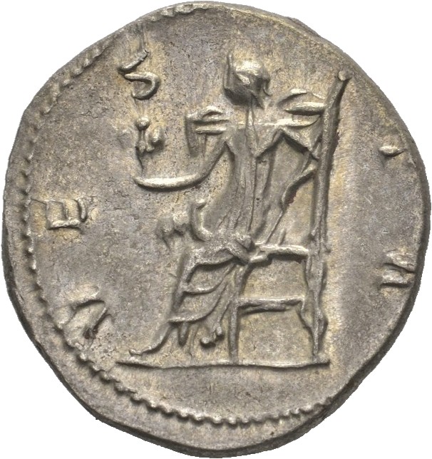 RIC V Salonina 70 Valerian reverse, Vesta, draped, seated left, holding Victory in right hand and sceptre in left hand