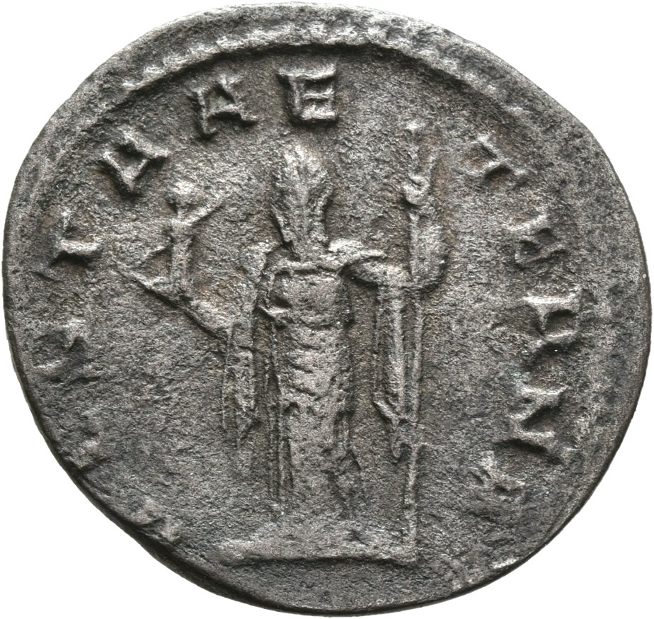 RIC V Salonina 71 Valerian reverse, Vesta, draped, standing left, holding Victory in right hand and sceptre in left hand