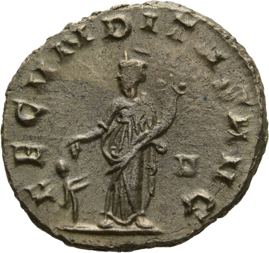 RIC V Salonina (2) 5 Gallienus reverse, Fecunditas, draped, standing left, holding cornucopiae in left hand; at her feet, ...