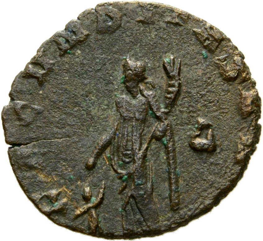 Gallienus reverse — Fecunditas, draped, standing left, holding cornucopiae in left hand; at her feet, child