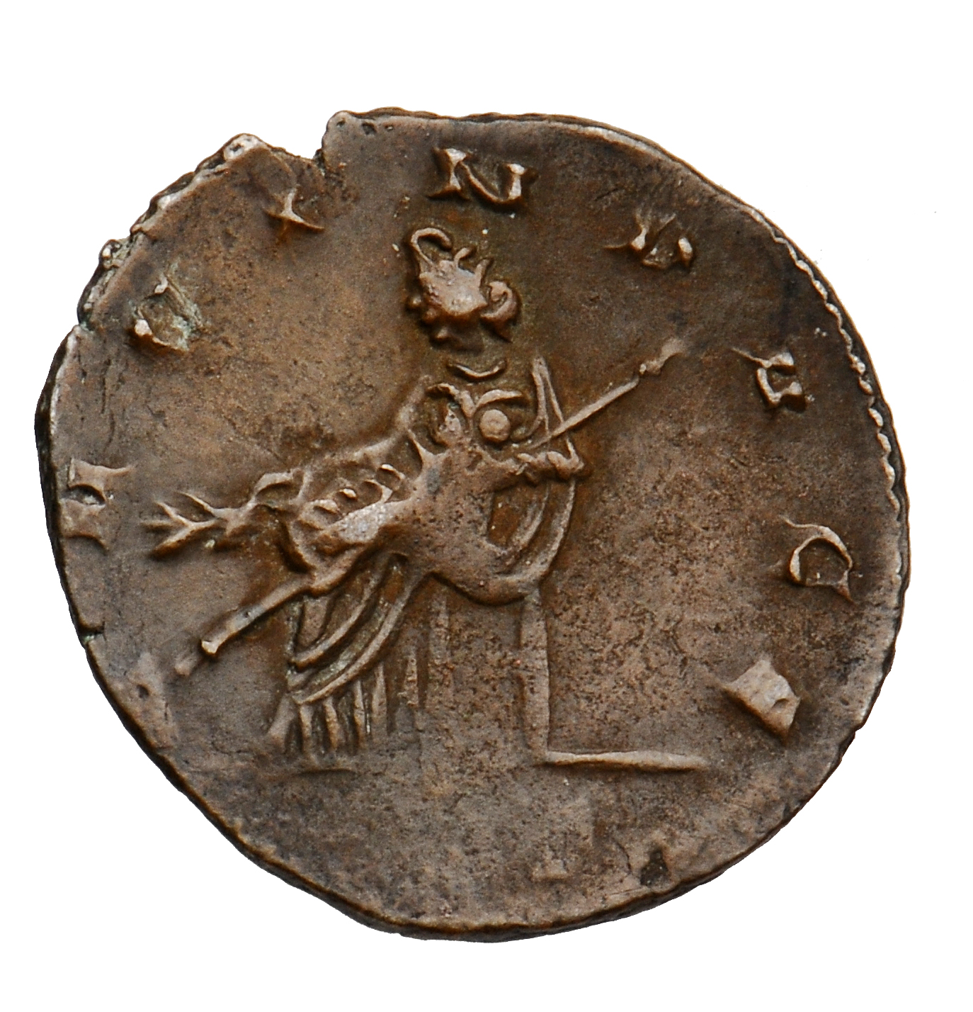 Gallienus reverse — Salonina, draped, seated left, holding olive-branch in right hand and sceptre in left hand