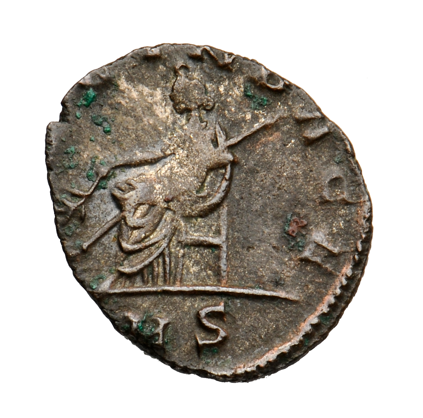 Gallienus reverse — Salonina, draped, seated left, holding olive-branch in right hand and sceptre in left hand