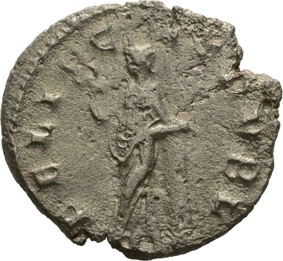 Gallienus reverse — Felicitas, draped, standing left, legs crossed, leaning on column, holding caduceus in right hand