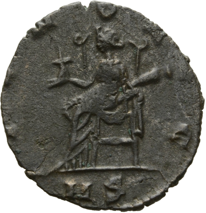 Gallienus reverse — Juno, draped, seated left, holding flower in right hand and infant in left hand