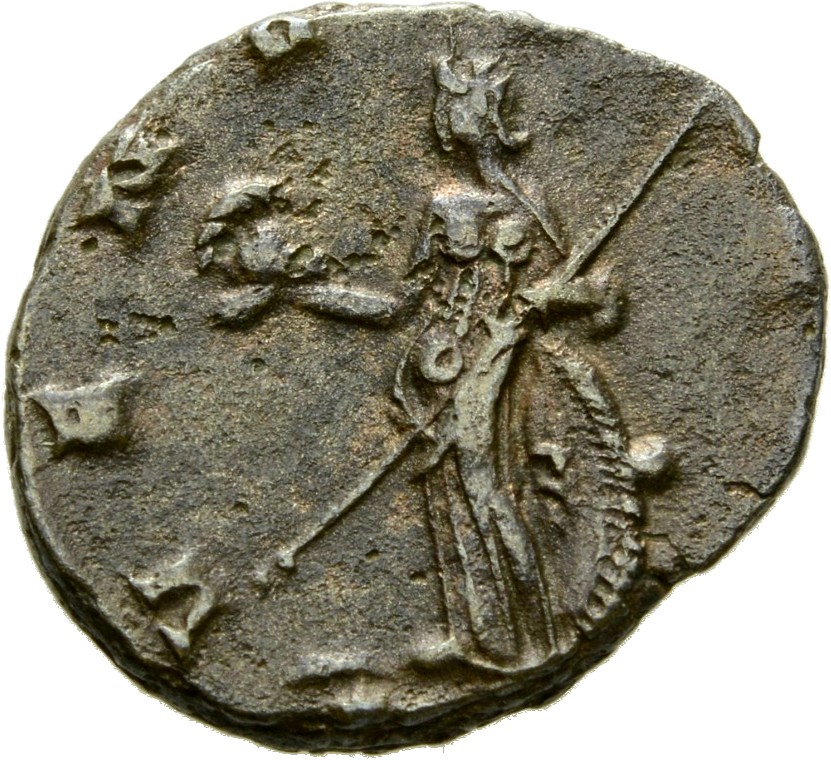 Gallienus reverse — Venus, draped, standing left, holding helmet in right hand and resting left hand on shield