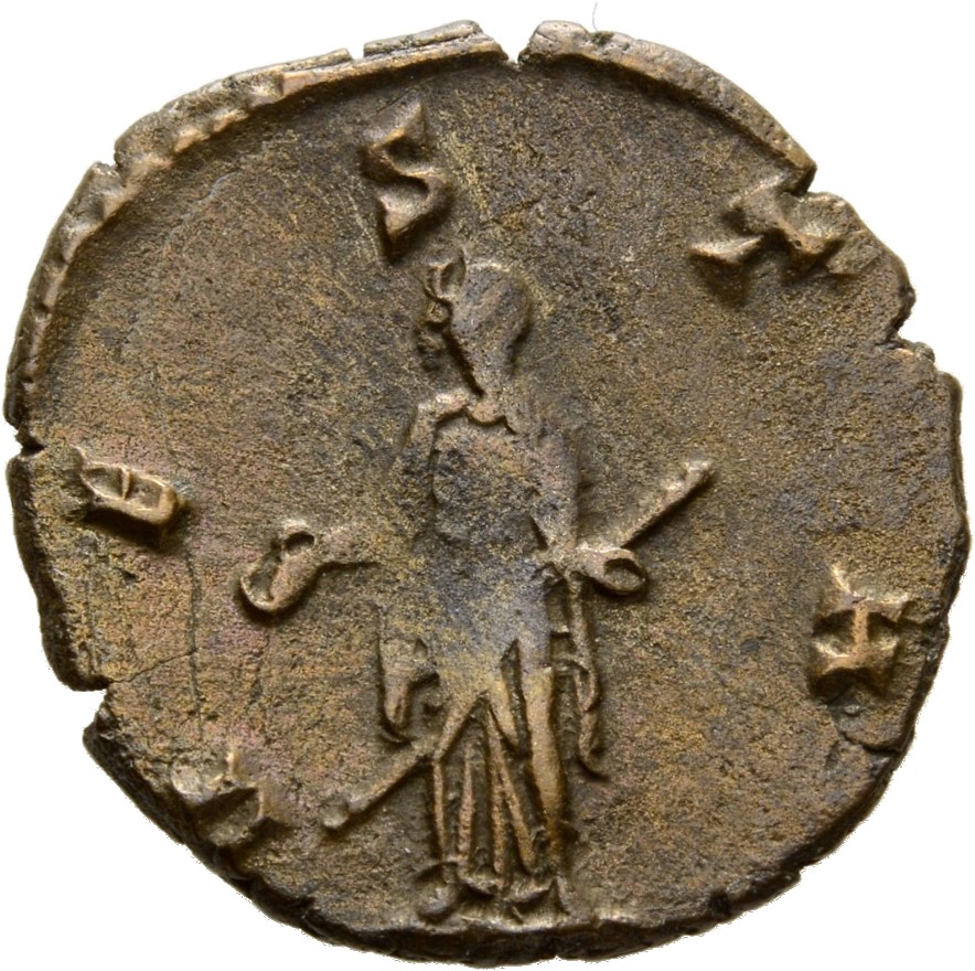 Gallienus reverse — Vesta, draped, standing left, holding patera in right hand and sceptre in left hand