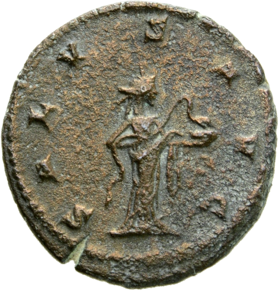 Gallienus reverse — Salus, draped, standing left, feeding serpent rising from altar out of patera held in right hand and holding sceptre in left hand