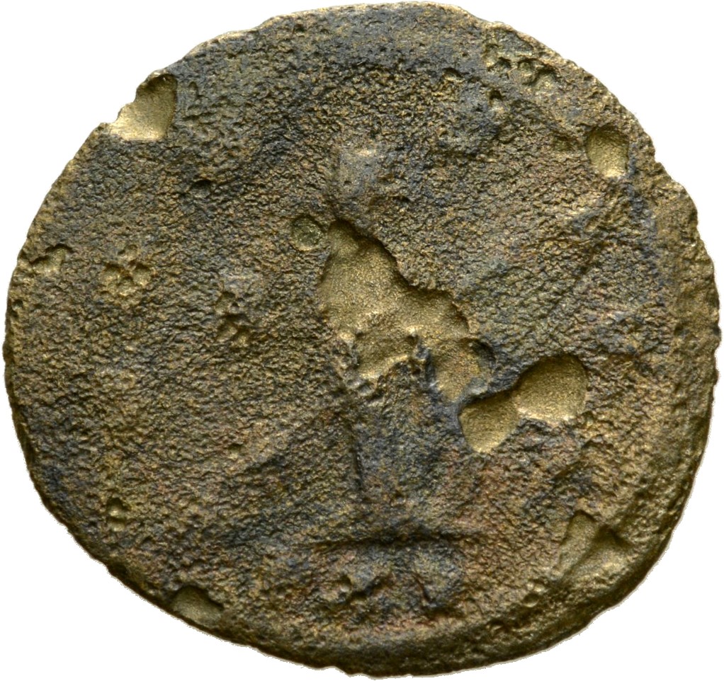 Gallienus reverse — Venus, draped, standing left, holding helmet in right hand and spear in left hand; beside her, shield