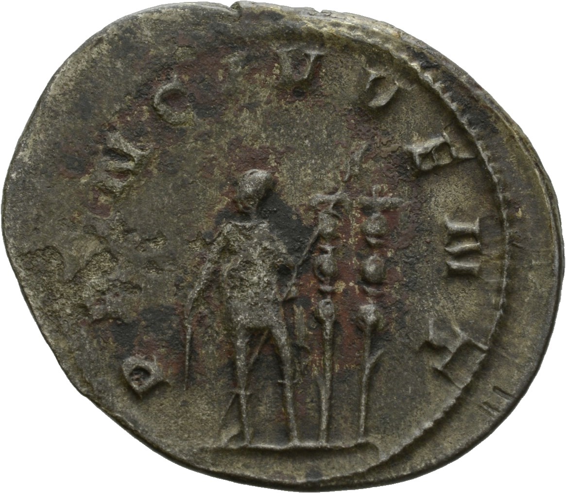 RIC V Saloninus 10 Valerian reverse, Saloninus, in military attire, standing left, holding baton in right hand and spear i...