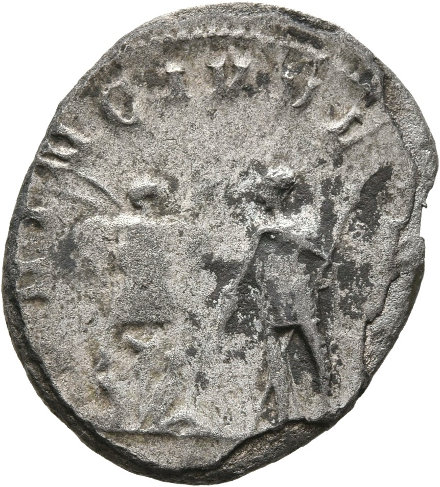 RIC V Saloninus 11 Valerian reverse, Saloninus, in military attire, standing left, holding baton and spear; to left, troph...