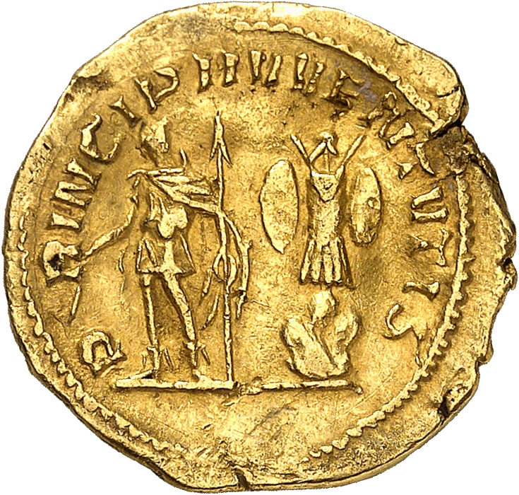 RIC V Saloninus 20 Valerian reverse, Saloninus, standing left, holding baton in right hand and trophy in left hand