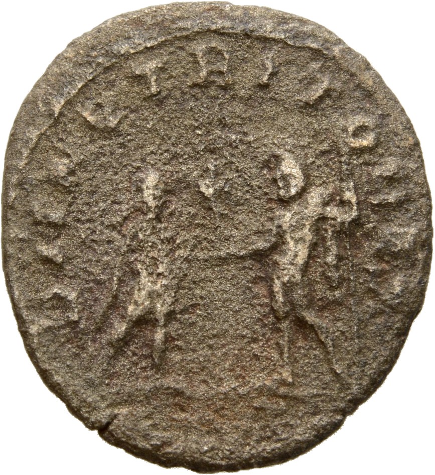RIC V Saloninus 35 Valerian reverse, Jupiter, nude except cloak over shoulders, standing left, presenting Victory to Salon...
