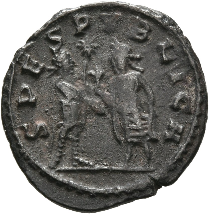 RIC V Saloninus 36: Subtype 1 Valerian reverse, Spes, draped, presenting flower to Saloninus with right hand and holding s...