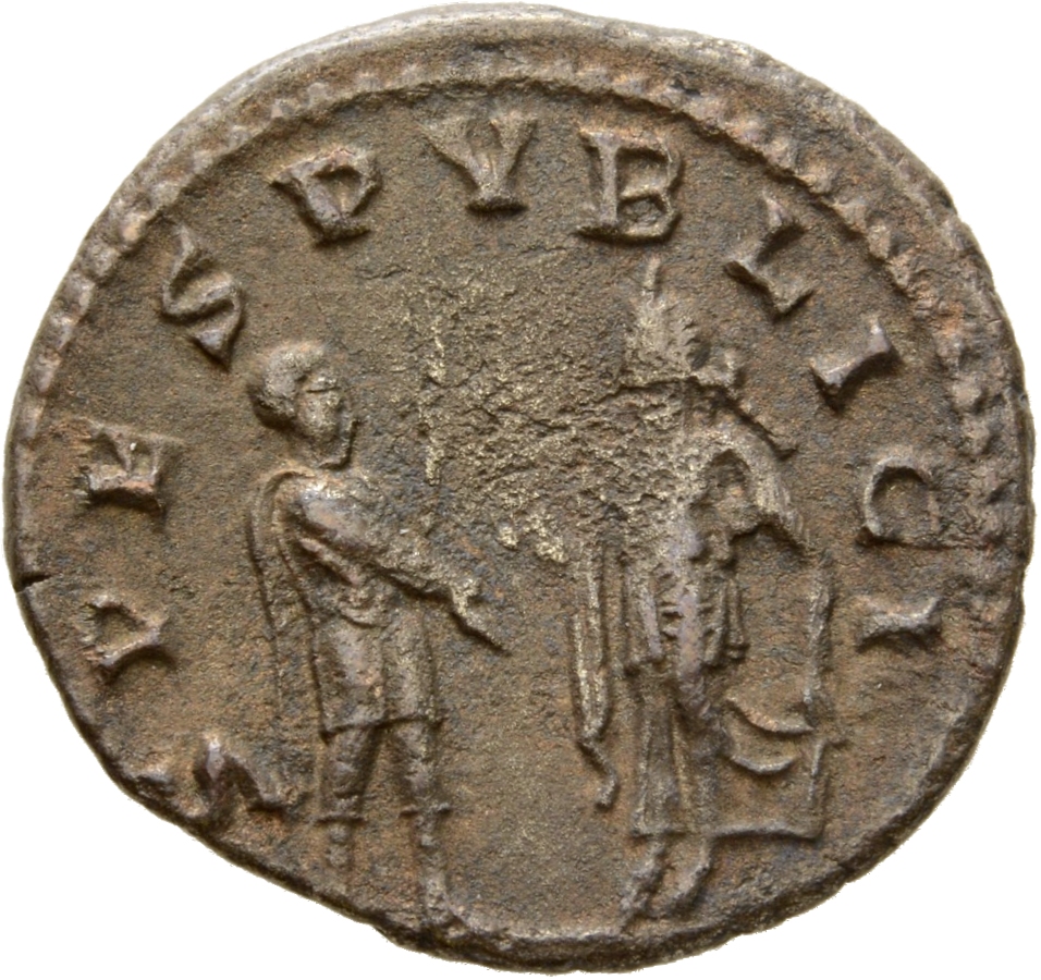 RIC V Saloninus 36 Valerian reverse, Spes, draped, presenting flower to Saloninus with right hand and holding skirt with l...