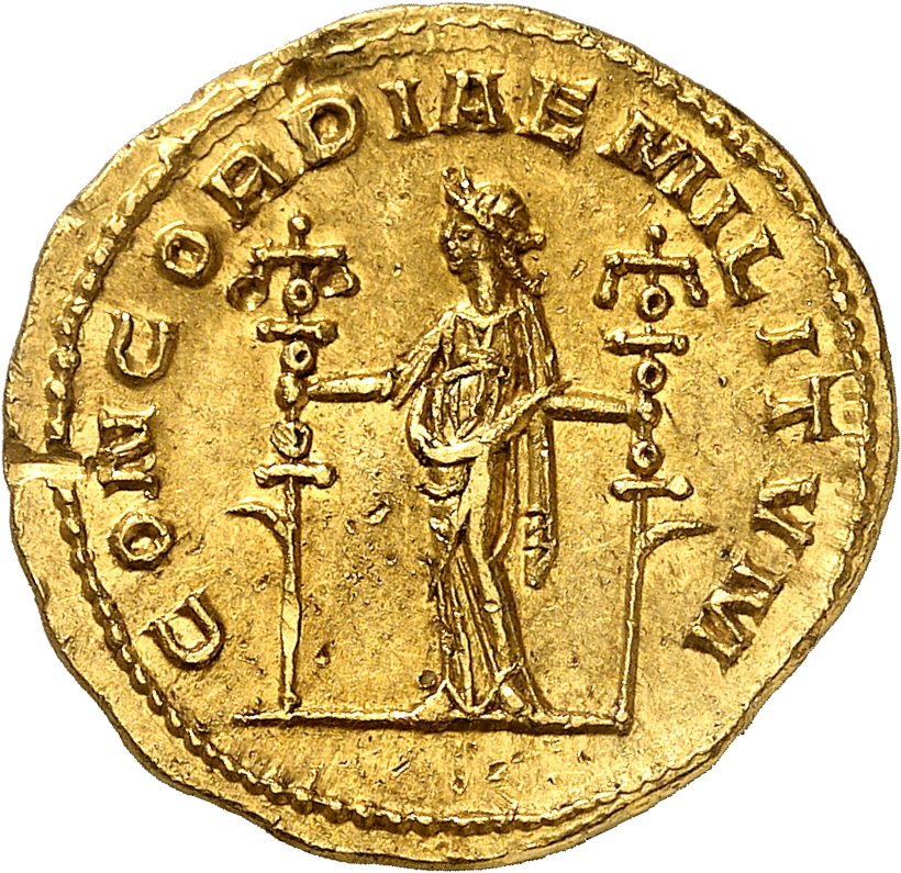 RIC V Severina 12 Aurelian reverse, Concordia, draped, standing left, holding ensign in each hand