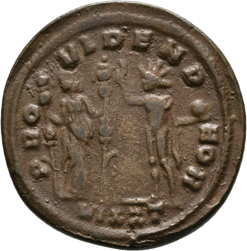 RIC V Severina 9 Aurelian reverse, Fides, draped, standing right, holding ensign in each hand, facing Sol, radiate, standi...