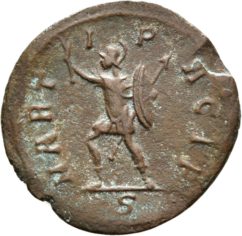 RIC V Tacitus 145 Tacitus reverse, Mars, walking left, holding olive-branch in right hand and spear and shield in left hand