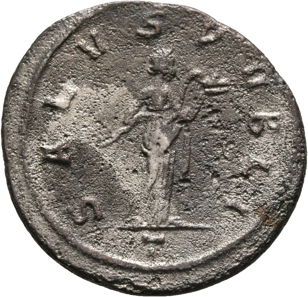 RIC V Tacitus 160 Tacitus reverse — Salus, draped, standing right, feeding out of patera held in left hand serpent held in...