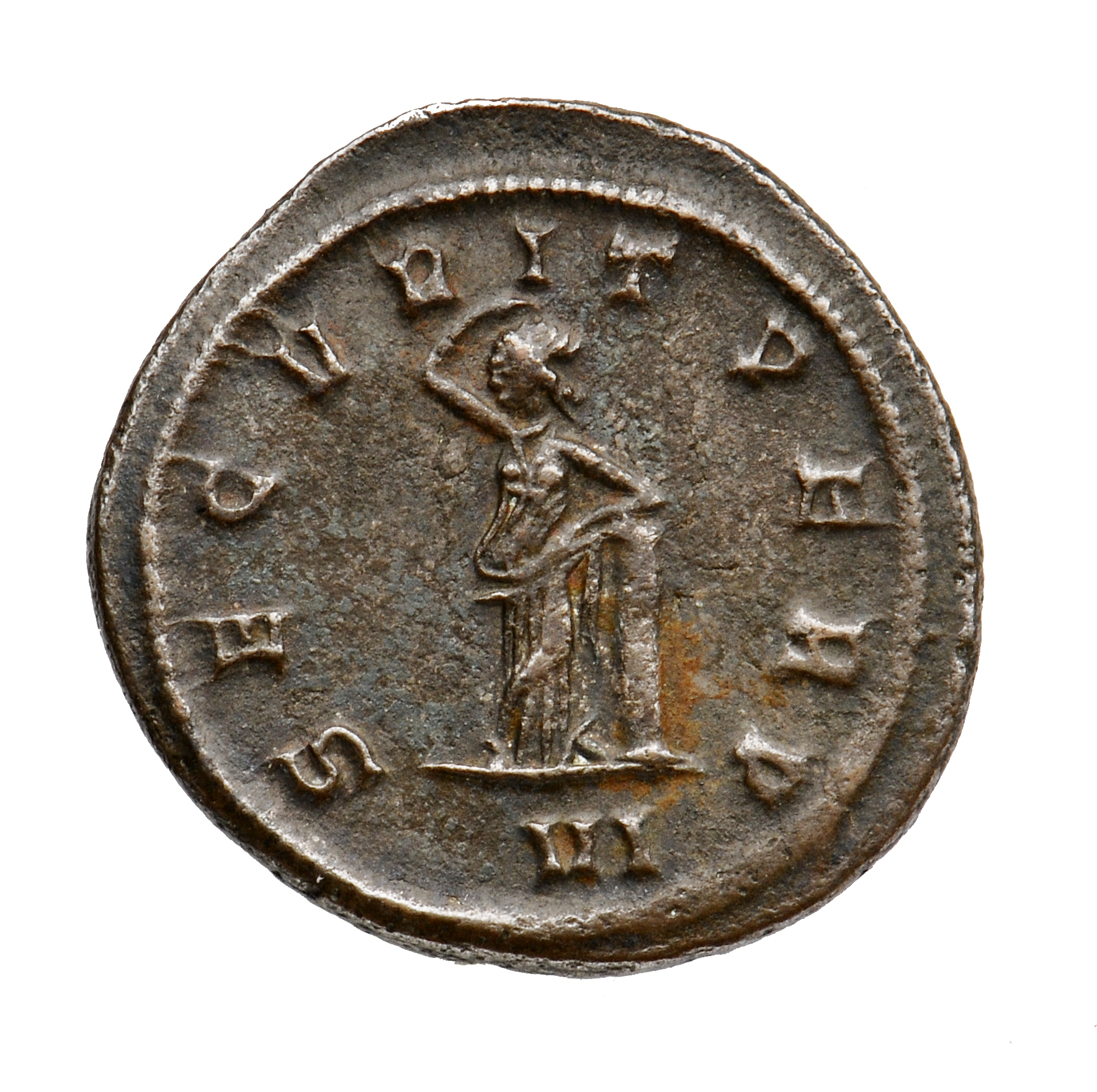 RIC V Tacitus 163 Tacitus reverse, Securitas, draped, standing left, legs crossed, leaning on column, raising right hand t...