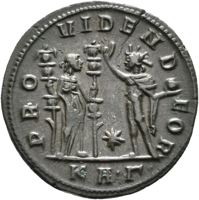 RIC V Tacitus 195 Tacitus reverse, Providentia, draped, standing right, holding ensign in each hand, facing Sol, standing ...