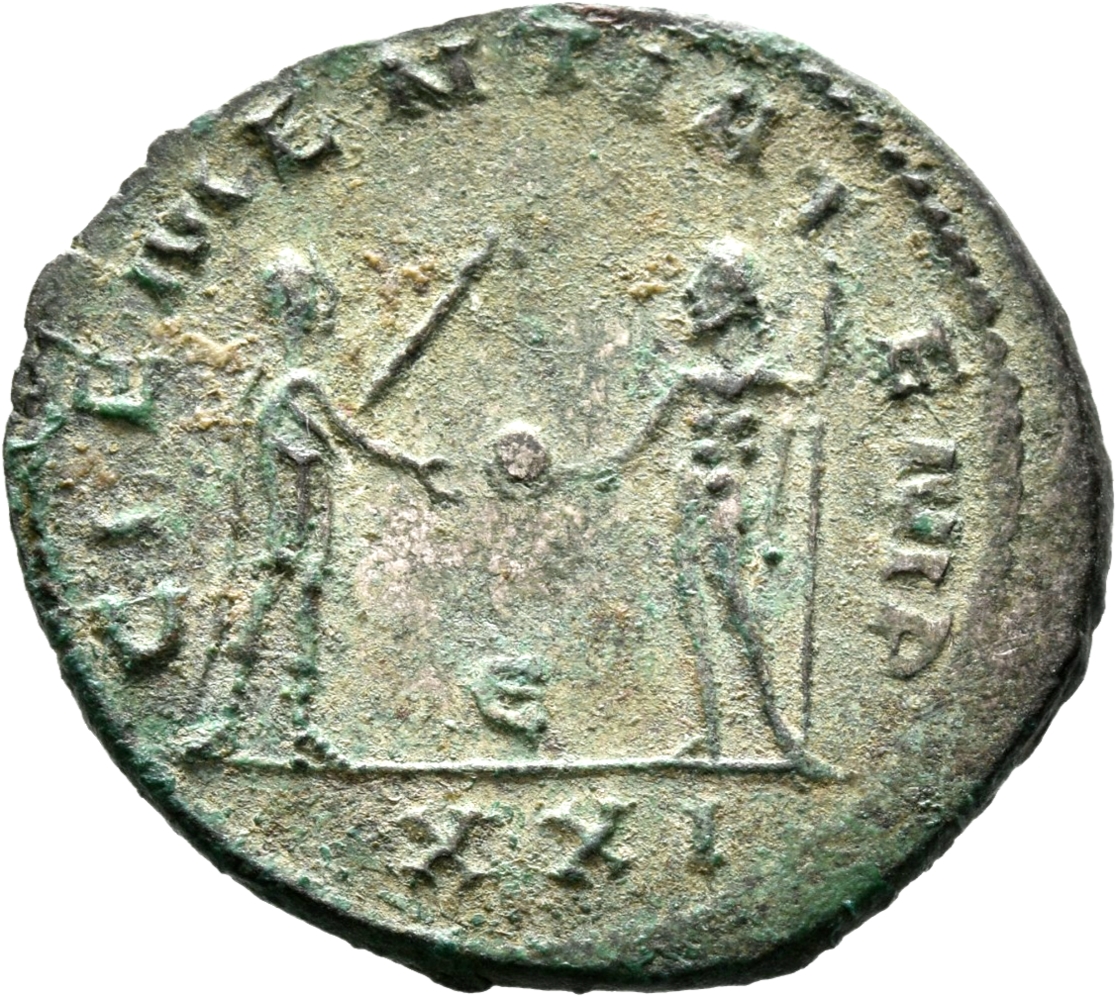 RIC V Tacitus 210 Tacitus reverse, Tacitus, standing right, holding sceptre and receiving globe from Jupiter, standing lef...