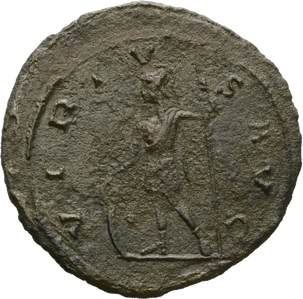 RIC V Tacitus 69 Tacitus reverse, Soldier, helmeted, in military attire, standing left, resting right hand on shield and h...