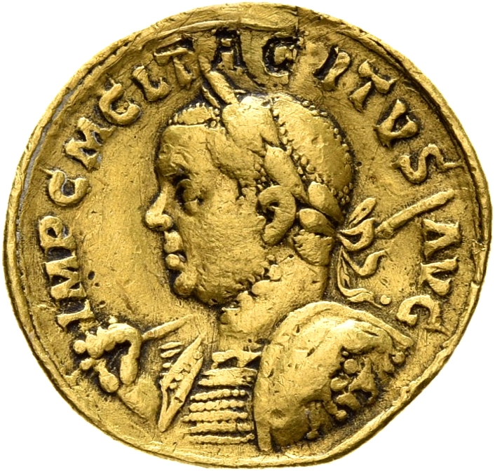 RIC V Tacitus 8 Tacitus obverse, Bust of Tacitus, laureate, cuirassed to waist, left, holding spear in right hand and shie...