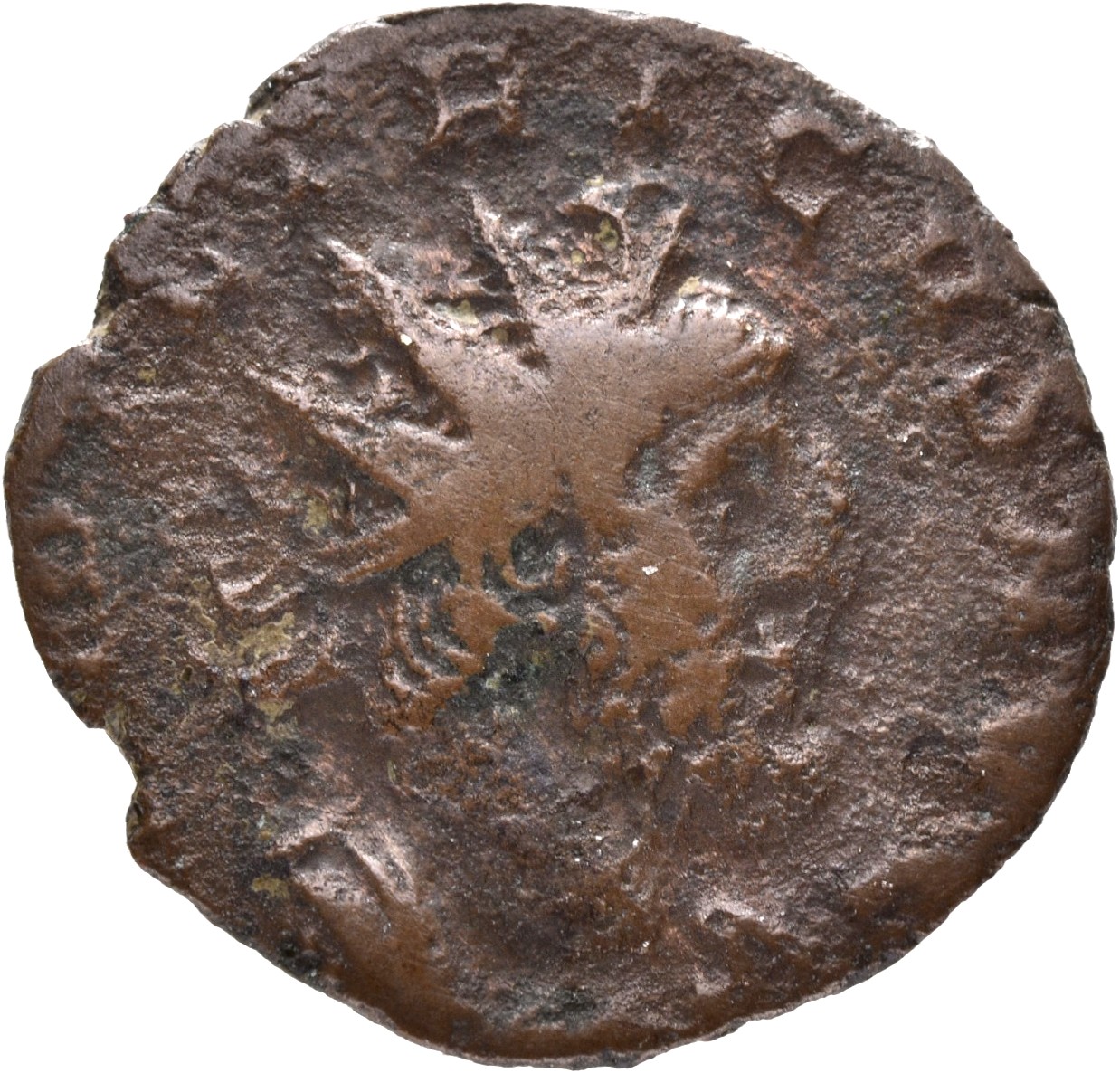 RIC V Tetricus I 126 Tetricus I obverse, Bust of Tetricus I, radiate, draped, right, or bust of Tetricus I, radiate, drape...