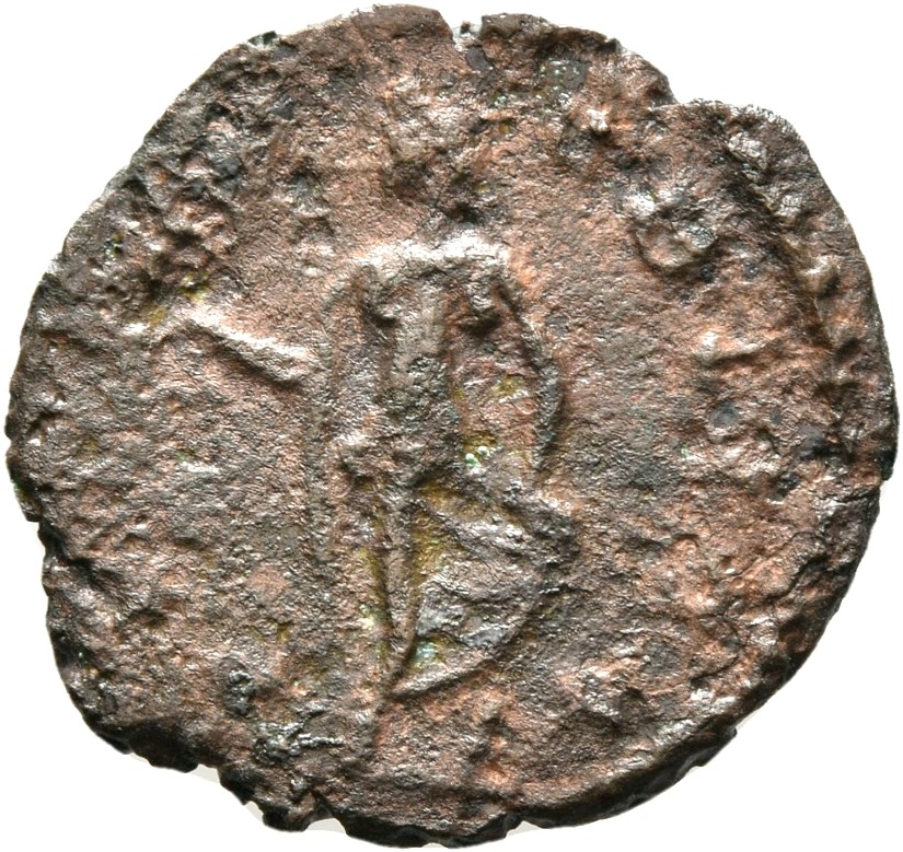 RIC V Tetricus I 136 Tetricus I reverse — Spes, draped, standing or walking left, holding flower in right hand and raising...