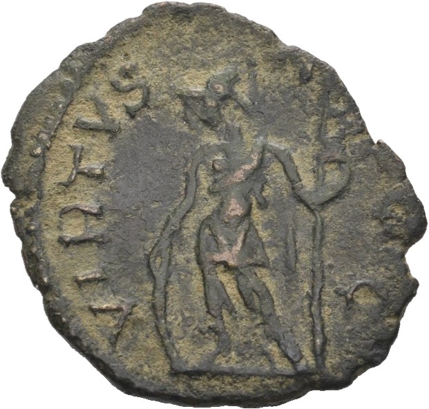 RIC V Tetricus I 145 Tetricus I reverse, Soldier, draped, cuirassed, standing left, holding spear in right hand and leanin...