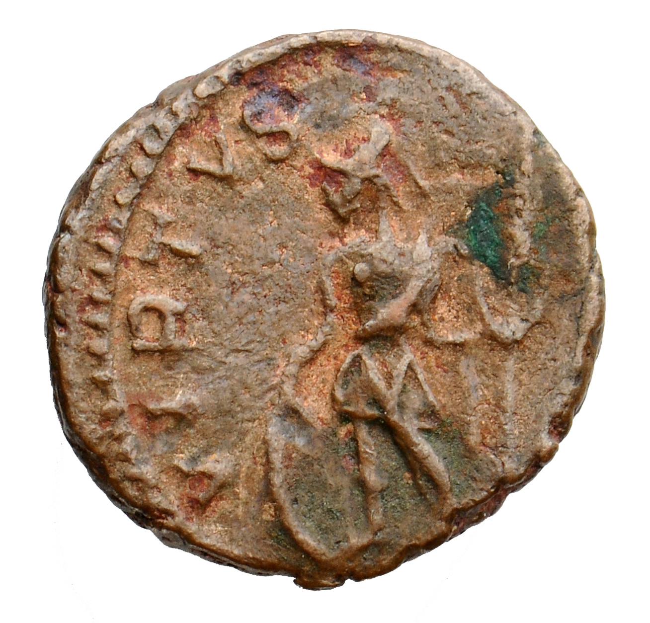 RIC V Tetricus I 148 Tetricus I reverse, Soldier, draped, cuirassed, standing left, holding spear in right hand and leanin...