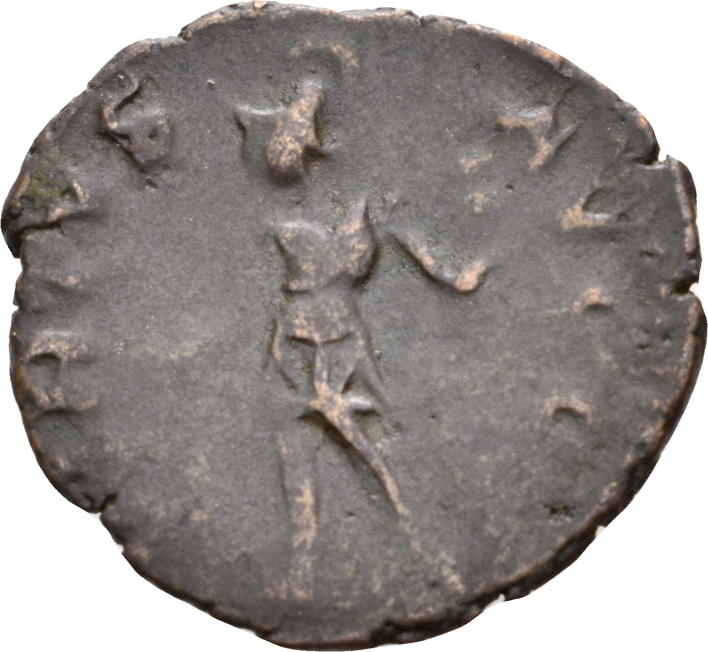RIC V Tetricus I 148 Tetricus I reverse — Soldier, draped, cuirassed, standing left, holding spear in right hand and leani...