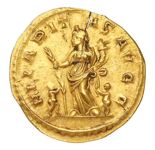 RIC V Tetricus I 208 Tetricus I reverse, Hilaritas, draped, standing left, holding palm in right hand and cornucopiae in l...