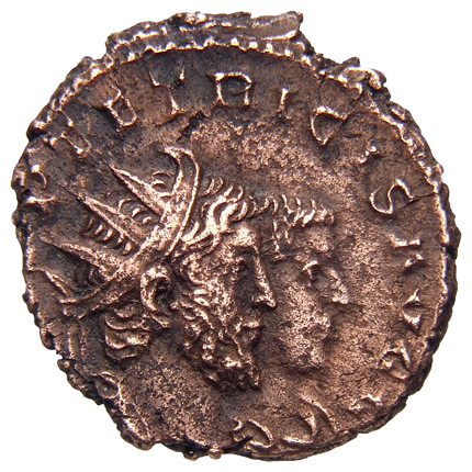 RIC V Tetricus I 212 Tetricus I obverse, Jugae bust of Tetricus I, radiate, cuirassed, right, and bust of Tetricus II, dra...