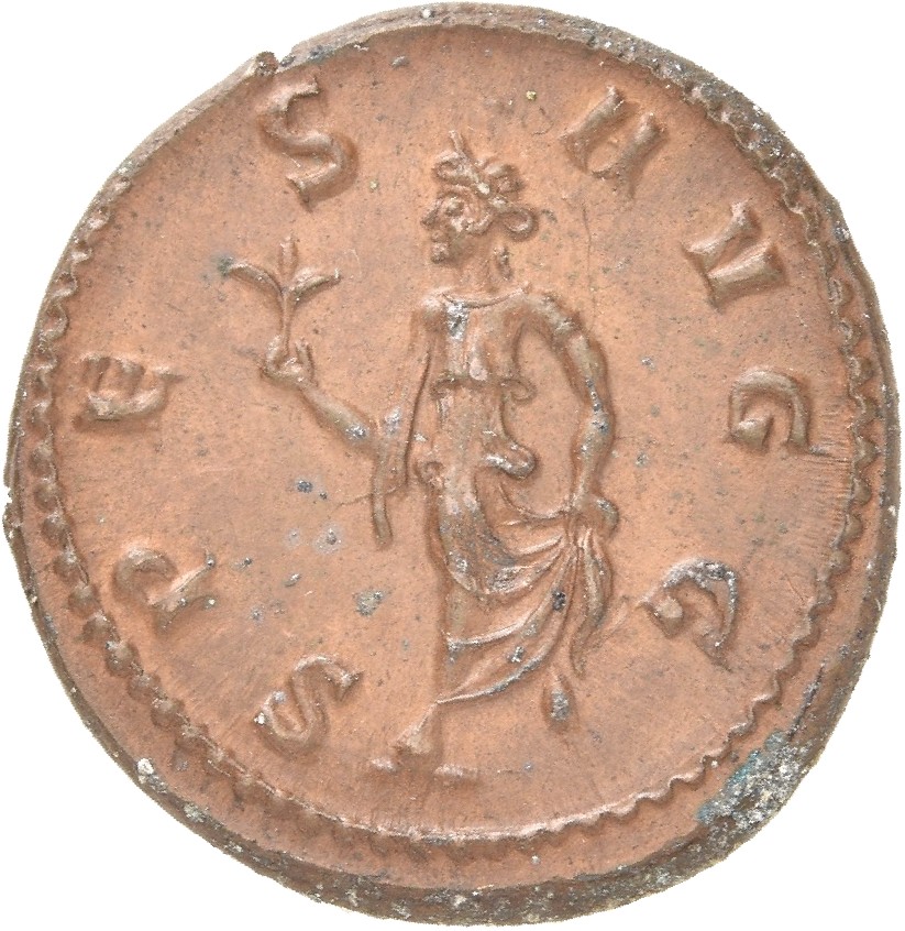 RIC V Tetricus I 218 Tetricus I reverse, Spes, draped, walking left, holding flower in right hand and raising robe with le...