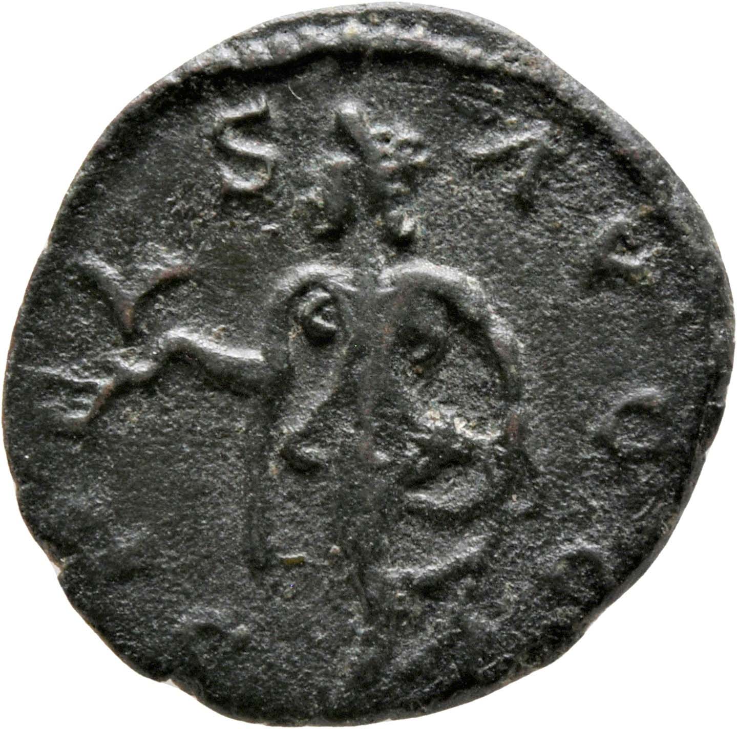 RIC V Tetricus I 270 Tetricus I reverse — Spes, draped, walking left, holding flower in right hand and raising robe with l...