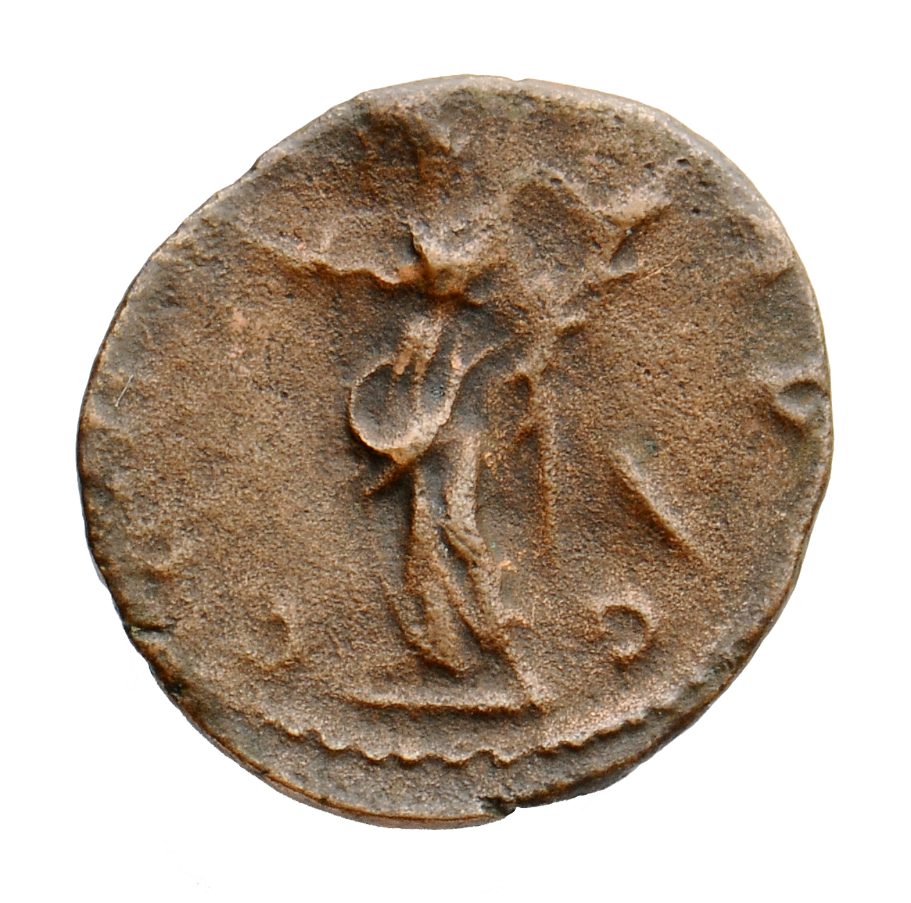 RIC V Tetricus I 56 Tetricus I reverse, Victory, winged, draped, walking left, holding wreath in right hand and palm in le...