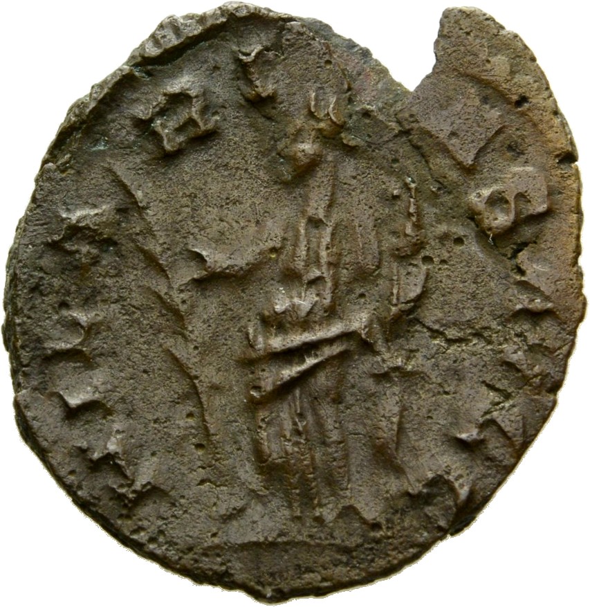 RIC V Tetricus I 79 Tetricus I reverse, Hilaritas, draped, standing left, holding palm in right hand and cornucopiae in le...