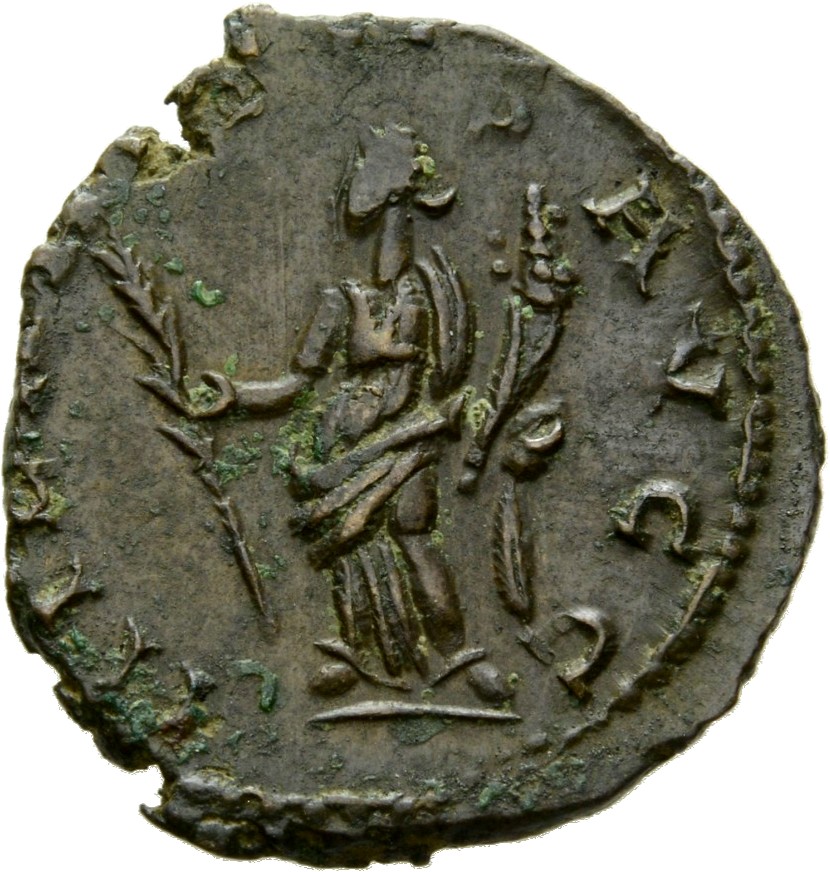 RIC V Tetricus I 80 Tetricus I reverse, Hilaritas, draped, standing left, holding palm in right hand and cornucopiae in le...