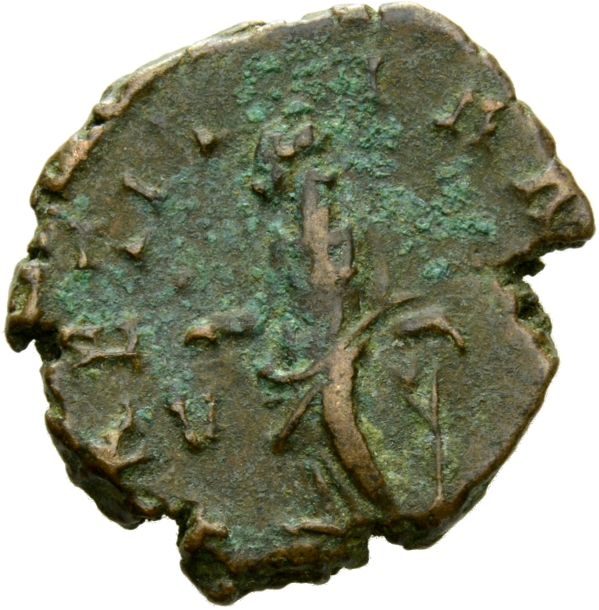 RIC V Tetricus I 86 Tetricus I reverse, Laetitia, draped, standing left, holding wreath in right hand and anchor in left hand