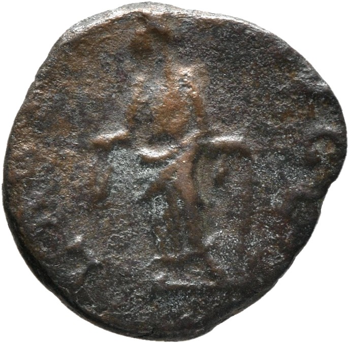 RIC V Tetricus I 87 Tetricus I reverse, Laetitia, draped, standing left, holding wreath in right hand and anchor in left hand