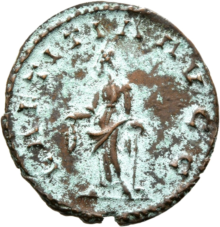 RIC V Tetricus I 88 Tetricus I reverse, Laetitia, draped, standing left, holding wreath in right hand and anchor in left hand