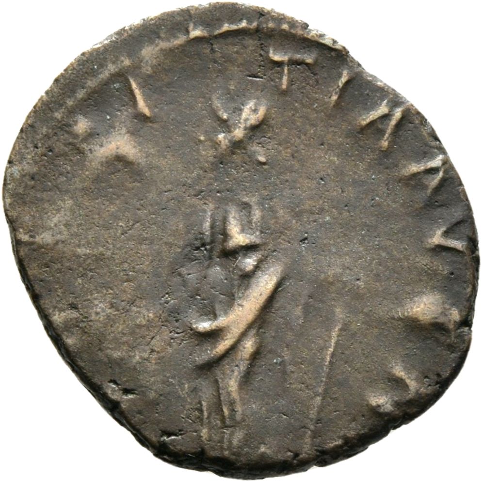 RIC V Tetricus I 90 Tetricus I reverse, Laetitia, draped, standing left, holding wreath in right hand and baton or anchor ...