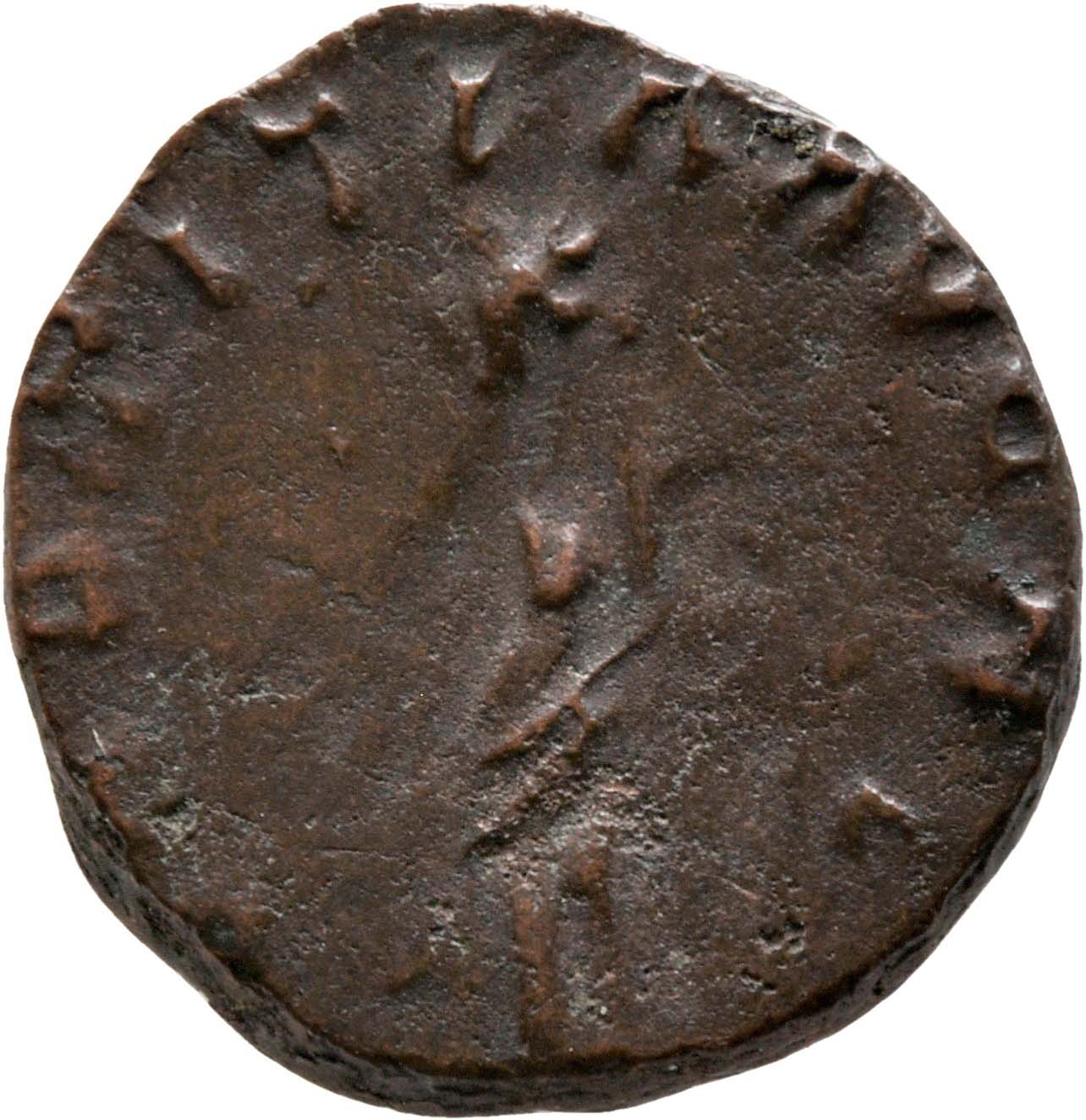 RIC V Tetricus I 90 Tetricus I reverse, Laetitia, draped, standing left, holding wreath in right hand and baton or anchor ...