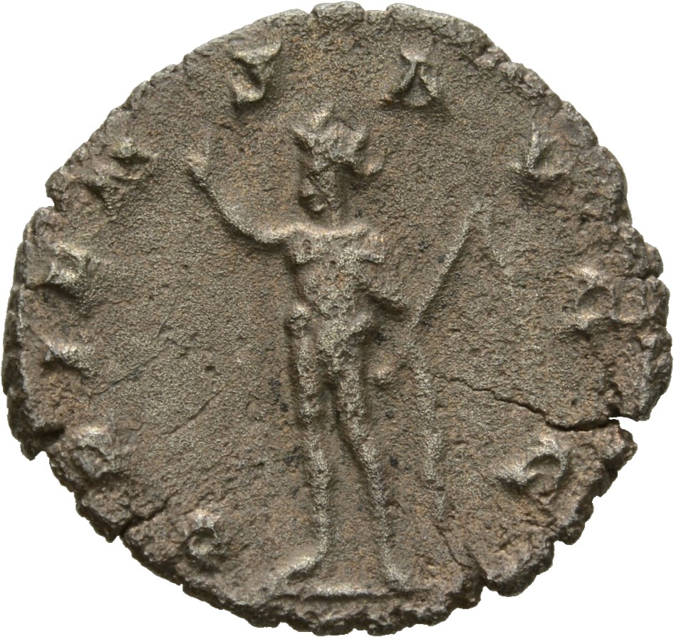 RIC V Valerian 106 Valerian reverse, Sol, radiate, standing or walking left, raising right hand and holding whip or globe ...