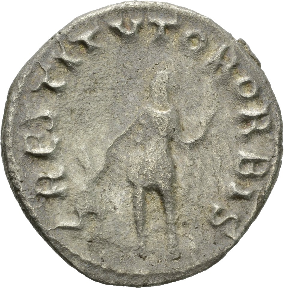 RIC V Valerian 117A Valerian reverse, Valerian, in military attire, standing left, sometimes looking right, raising kneeli...