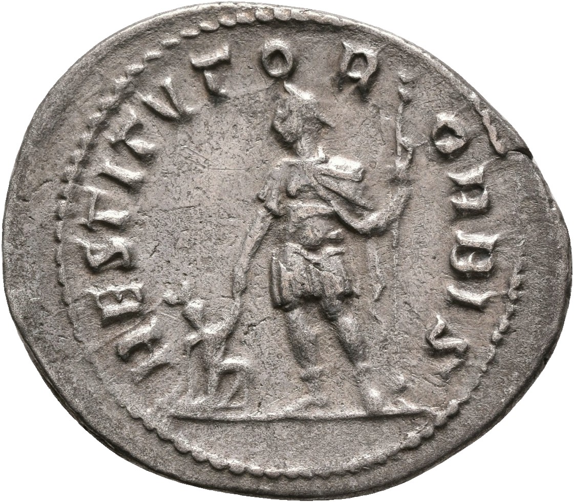 RIC V Valerian 117B Valerian reverse, Valerian, in military attire, standing left, sometimes looking right, raising kneeli...