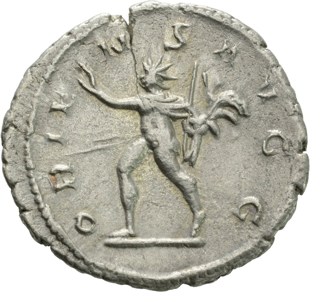 RIC V Valerian 12 Valerian reverse, Sol, radiate, walking left, raising right hand, holding whip in left hand