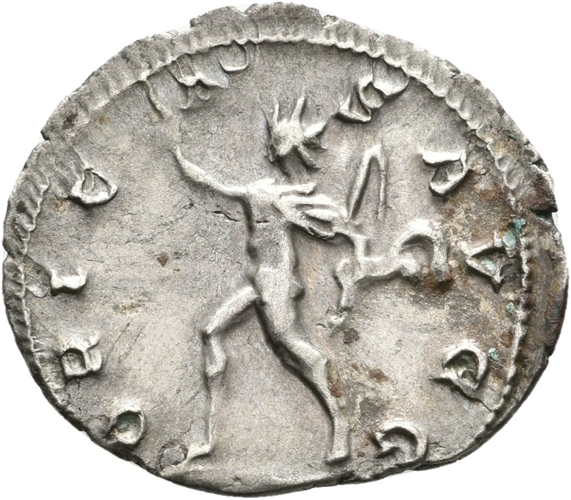 RIC V Valerian 12 Valerian reverse, Sol, radiate, walking left, raising right hand, holding whip in left hand