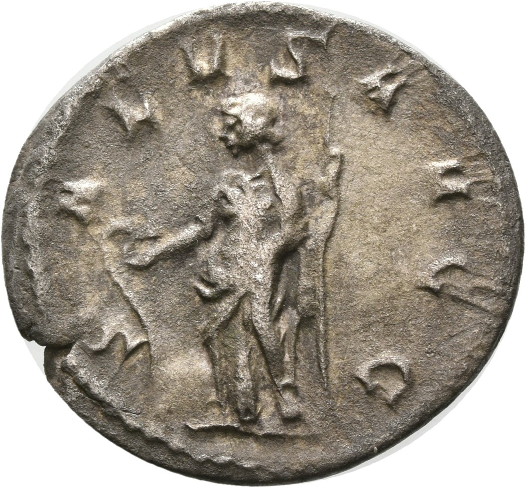 RIC V Valerian 121 Valerian reverse, Salus, draped, standing left, feeding snake out of patera in right hand rising up fro...